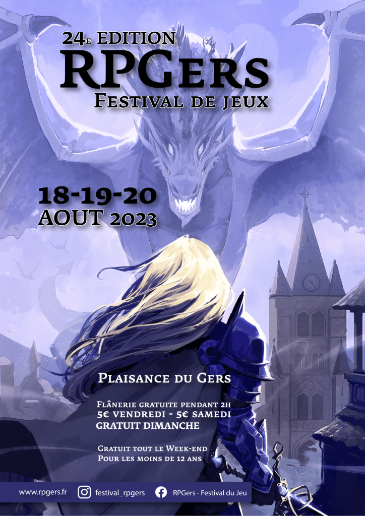 Affiche de l'édition 2023 du festival RPGers (18-19-20 août 2023 à Plaisance du Gers).