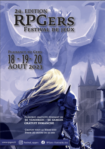 Illustration et informations de l'affiche de l'année 2023 du festival du jeu RPGers de Plaisance du Gers.